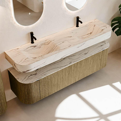 MONDIAZ THOR-DLUX Meuble de salle de bains 170cm arrondi gauche + droite couleur Dusk avec 1 tiroir et 2 portes. Vasque suspendue CLOUD Double 2 trous de robinet couleur Nata.