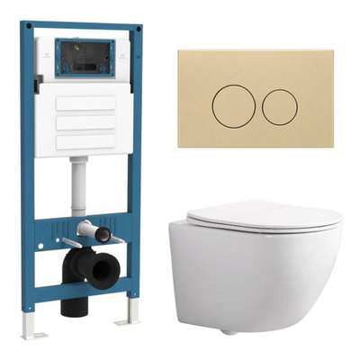 QeramiQ Dely Swirl Set WC Compact - réservoir encastré QeramiQ flush - abattant slim - plaque de commande en plastique beige - boutons ronds - blanc brillant