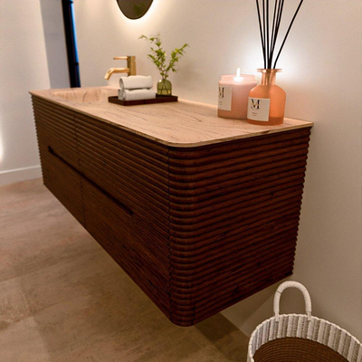 Mondiaz CIRO-DLUX Ensemble de meubles de salle de bains - 140x45x50cm - Plan vasque solid surface Arena - 1 lavabo à gauche - 1 trou de robinet - 4 tiroirs - Ruby