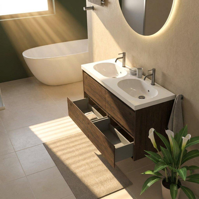 Saniclass Holz Pure Ensemble meuble de salle de bains - 120x45x63.5cm - lavabo en céramique Palermo blanc - 2 vasques - 2 trous de robinet - 4 tiroirs - chêne charcoal mat (bois)