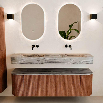 MONDIAZ THOR-DLUX 150cm meuble de salle de bains arrondi gauche + droite couleur Ruby avec 1 tiroir et 2 portes. Vasque suspendue CLOUD Double sans trou de robinet couleur Sombra.