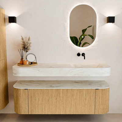 MONDIAZ THOR-DLUX 150cm badmeubel ronding links + rechts kleur Oak met 1 lade en 2 deuren. Vrijhangende wastafel CLOUD Rechts zonder kraangat kleur Ostra.