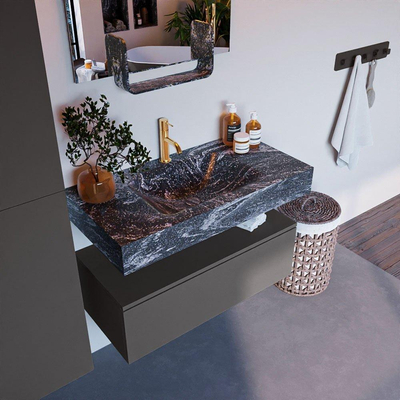 Mondiaz ALAN-DLUX Ensemble de meuble - 90cm - meuble Dark grey mat - 1 tiroir - Lavabo Cloud Lava suspendu - vasque Centre - 1 trou de robinet