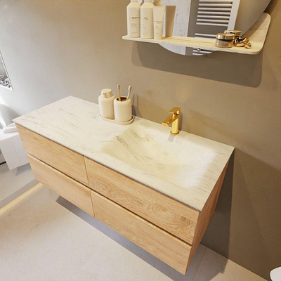 Mondiaz VICA-DLUX ensemble de meuble de salle de bain - 120cm - meuble sous-vasque chêne blanchi - 4 tiroirs - lavabo encastré cloud droite - 1 trou de robinet - version haute de 60cm - opalo