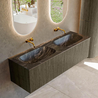 Mondiaz KURVE-DLUX Badkamermeubelset - 150x46x40cm - 2 lade - wastafel solid surface - dubbel - zonder kraangat - Shadow