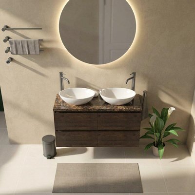 Saniclass Holz Pure Ensemble de meubles de salle de bains - 120x45x63cm - Plan de travail en pierre naturelle Noche dark emperador - 2 trous de robinet - 4 tiroirs - chêne charcoal mat (bois)