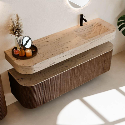 MONDIAZ THOR-DLUX 160cm meuble de salle de bains arrondi gauche + droite couleur Walnut avec 1 tiroir et 2 portes. Vasque suspendue CLOUD droite 1 trou de robinet couleur Arena.