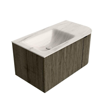 MONDIAZ KURVE-DLUX 85cm badmeubel ronding Rechts kleur Shadow met 1 lade en 1 deur. Wastafel CLOUD Links zonder kraangat Meli.