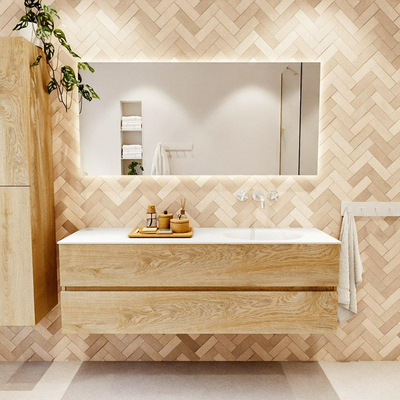 MONDIAZ VICA Meuble de salle de bains 150 cm sous-meuble Washed Oak 2 tiroirs. Lavabo MOON droit sans trou de robinet, couleur Talc.