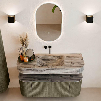 MONDIAZ THOR-DLUX 120cm meuble de salle de bains arrondi gauche + droite couleur Shadow avec 1 tiroir et 2 portes. Vasque suspendue CLOUD Milieu sans trou de robinet couleur Sombra.