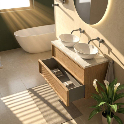 Saniclass Holz Frame Ensemble de meubles de salle de bains - 120x45x63cm - Plan vasque en marbre Dia poli (blanc) - sans trou de robinet - 2 tiroirs - chêne natural mat (bois)