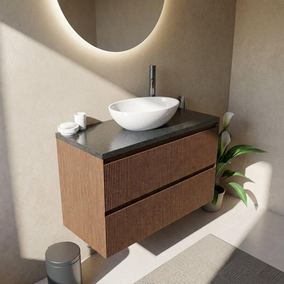 Saniclass Holz Atelier Ensemble meuble de salle de bains - 100x45x63cm - Plan vasque en basalte Noche poli (noir) - 1 trou de robinetterie - 2 tiroirs - walnut pure mat (bois)