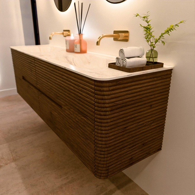 Mondiaz CIRO-DLUX Meuble de salle de bains - 170x45x50cm - plan vasque solid surface Ostra - 2 vasques double - sans trous de robinetterie - 4 tiroirs - Dusk