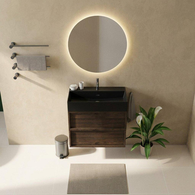Saniclass Holz Frame Ensemble de meubles de salle de bains - 80x45x72cm - Legend lavabo en céramique noir mat - 1 vasque - 1 trou de robinetterie - 2 tiroirs - chêne charcoal mat (bois)