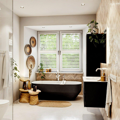 MONDIAZ VICA meuble sous lavabo 80cm Urban 2 tiroirs. Lavabo MOON centre 1 trou de robinet, couleur Talc.