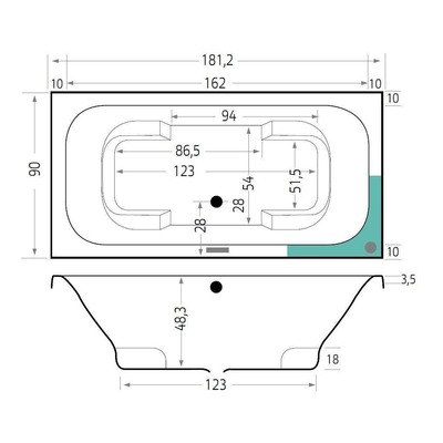Xenz Tanga Duobad - 180x90x51 - afvoer Midden - acryl - wit mat