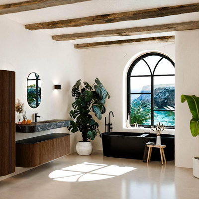 MONDIAZ THOR-DLUX 150cm badmeubel ronding links + rechts kleur Walnut met 1 lade en 2 deuren. Vrijhangende wastafel CLOUD Midden 1 kraangat kleur Lava.