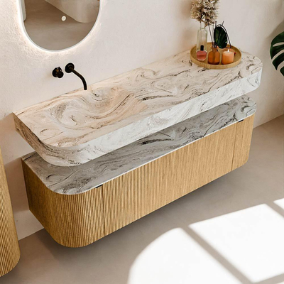 MONDIAZ THOR-DLUX 150cm meuble de salle de bains arrondi gauche + droite couleur Chêne avec 1 tiroir et 2 portes. Vasque suspendue CLOUD Gauche sans trou de robinet couleur Glace.