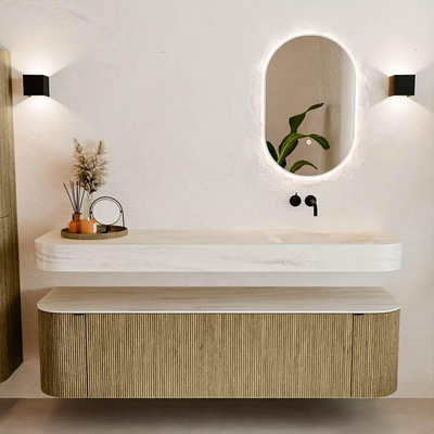 MONDIAZ THOR-DLUX 170cm meuble de salle de bains arrondi gauche + droite couleur Dusk avec 1 tiroir et 2 portes. Vasque suspendue CLOUD Droite sans trou de robinet couleur Meli.