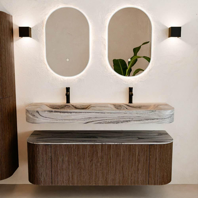 MONDIAZ THOR-DLUX 140cm badmeubel ronding links + rechts kleur Walnut met 1 lade en 2 deuren. Vrijhangende wastafel CLOUD Dubbel 2 kraangaten kleur Sombra.