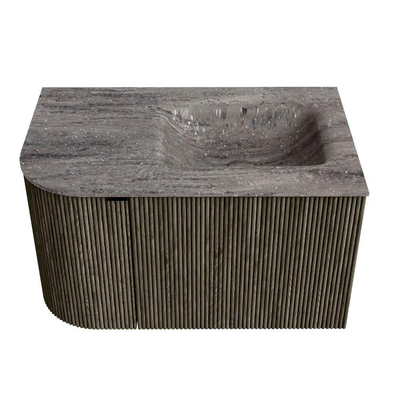 MONDIAZ KURVE-DLUX Meuble de salle de bains 75cm arrondi à gauche couleur Shadow avec 1 tiroir et 1 porte. Lavabo GRUNNE à droite sans trou de robinet Oza.