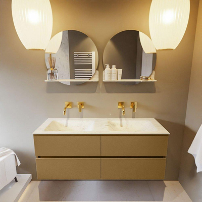 Mondiaz VICA-DLUX ensemble de meuble de salle de bain - 130cm - meuble sous-vasque oro - 4 tiroirs - lavabo encastré cloud double - sans trous de robinet - version haute de 60cm - opalo