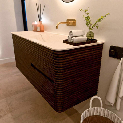 Mondiaz CIRO-DLUX Badkamermeubelset - 120x45x50cm - Solid surface wastafel Meli - 1 wasbak Rechts - zonder kraangaten - 2 lades - Walnut