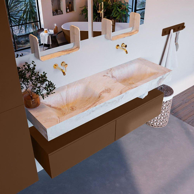 Mondiaz ALAN-DLUX Ensemble de meuble - 150cm - meuble Rust mat - 2 tiroirs - Lavabo Cloud Frappe suspendu - vasque Gauche et droite - 0 trous de robinet