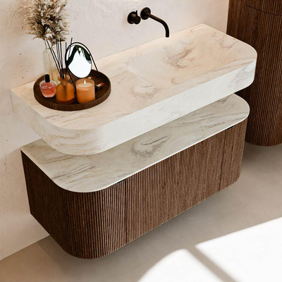 MONDIAZ THOR-DLUX 110cm badmeubel ronding links + rechts kleur Walnut met 1 lade en 2 deuren. Vrijhangende wastafel CLOUD Rechts zonder kraangat kleur Ostra.