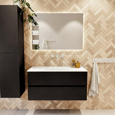 MONDIAZ VICA meuble sous lavabo 100cm Urban 2 tiroirs. Lavabo MOON central sans trou de robinet, couleur Talc.