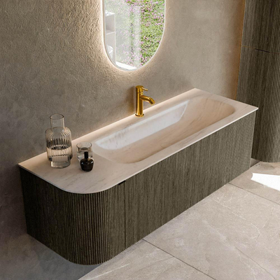 MONDIAZ KURVE-DLUX Meuble de salle de bains 135cm arrondi à gauche couleur Shadow avec 1 tiroir et 1 porte. Lavabo BIG MEDIUM à droite 1 trou de robinet Meli.