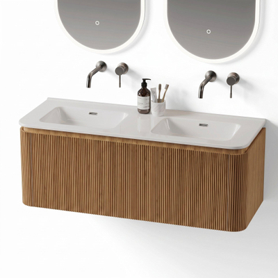 Royal Plaza Terra Edge Ensemble meuble de salle de bains - 120x45.5x46cm - vasque en céramique blanc brillant - 2 vasques - sans trous de robinet - 2 tiroirs - sandwood (chêne clair)