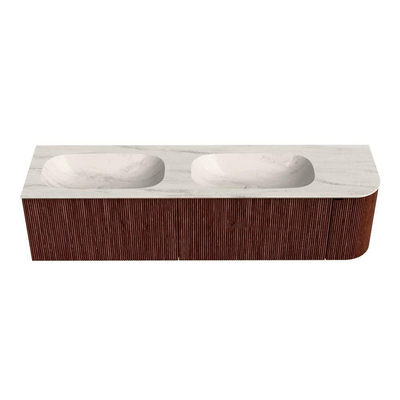 MONDIAZ KURVE-DLUX meuble de salle de bains 175cm arrondi droit couleur Ruby avec 2 tiroirs et 1 porte. Lavabo STOR SMALL Double / gauche sans trou de robinet Meli.