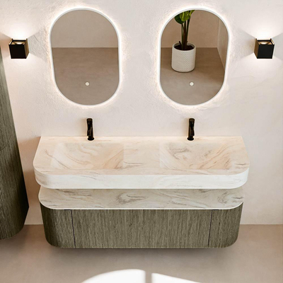 MONDIAZ THOR-DLUX 150cm meuble de salle de bains arrondi gauche + droite couleur Shadow avec 1 tiroir et 2 portes. Vasque suspendue CLOUD Double 2 trous de robinet couleur Ostra.