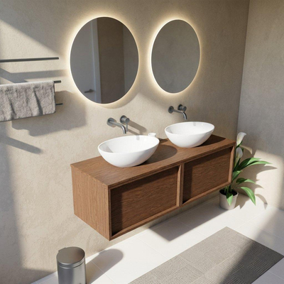 Saniclass Holz Frame Ensemble de meubles de salle de bains - 140x45x42cm - plan de travail en bois - sans trou de robinet - 2 tiroirs - mat walnut pure (bois)