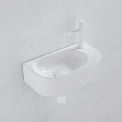 QeramiQ Fuente pack lave-mains – 40 x 21,5 x 12 cm – céramique blanc brillant – perçage à droite – robinet blanc mat