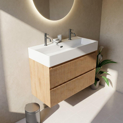 Saniclass Holz Atelier Ensemble de meubles de salle de bains - 100x45x72cm - vasque Legend en céramique blanche - 1 vasque - 2 trous de robinetterie - 2 tiroirs - chêne natural mat (bois)
