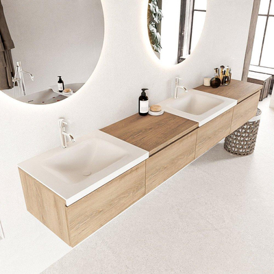 MONDIAZ BUKLA 240cm badmeubel met module 60 rechts kleur Washed Oak met 4 lades. Wastafel CLOUD dubbel 2 kraangaten kleur Talc.
