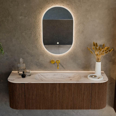 MONDIAZ KURVE-DLUX 140cm badmeubel ronding Links + Rechts kleur Walnut met 1 lade en 2 deuren. Wastafel BIG SMALL Midden zonder kraangat Nata.