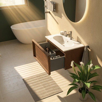 Saniclass Holz Frame Ensemble de meubles de salle de bains - 80x45x53.9cm - Lavabo Chaci en céramique blanc - 1 vasque - 1 trou de robinetterie - 1 tiroir - walnut pure mat (bois)