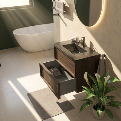 Saniclass Holz Frame Ensemble meuble de salle de bains - 80x45x62cm - Vygo lavabo en céramique noir - 1 vasque - 1 trou de robinet - 2 tiroirs - chêne charcoal mat (bois)