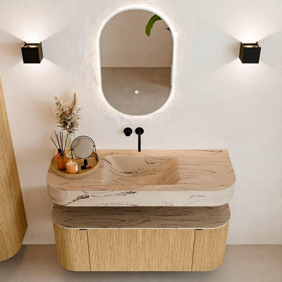 MONDIAZ THOR-DLUX 120cm meuble de salle de bains arrondi gauche + droite couleur Oak avec 1 tiroir et 2 portes. Vasque suspendue CLOUD Milieu sans trou de robinet couleur Arena.