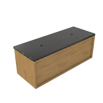 Saniclass Holz Frame Ensemble de meubles de salle de bains - 120x45x43cm - vasque en basalte Noche polie - 1 vasque - sans trou de robinet - 1 tiroir - chêne natural mat (bois)