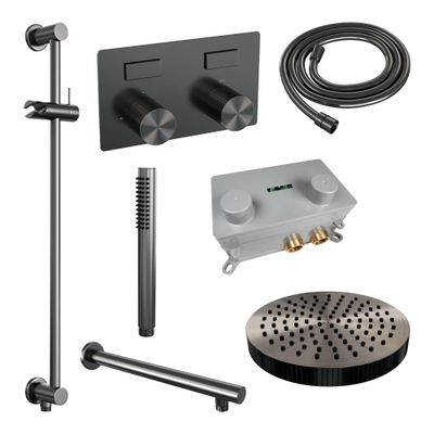 BRAUER Stripe Thermostatische Inbouw Regendouche - drukknoppen - 25cm douchekop - rechte muurarm - staaf handdouche - doucheslang - geïntegreerde glijstang - gunmetal geborsteld PVD