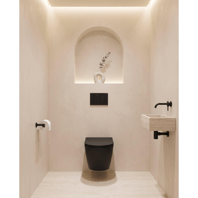 QeramiQ Dely Toiletset - 36.3x51.7cm - Geberit UP720 inbouwreservoir - rimless - diepspoel - zitting - softclose - bedieningsplaat Sigma01 mat zwart - ronde knoppen - mat zwart