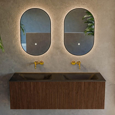 MONDIAZ KURVE 130cm badmeubel kleur Walnut met 2 lades. Wastafel CLOUD dubbel zonder kraangat Urban.