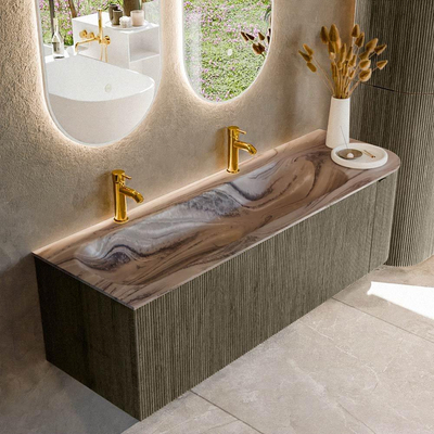 MONDIAZ KURVE-DLUX meuble de salle de bains 145cm arrondi Droit couleur Shadow avec 1 tiroir et 1 porte. Lavabo BIG LARGE Gauche 2 trous de robinet Sombra.