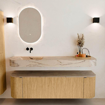MONDIAZ THOR-DLUX 160cm badmeubel ronding links + rechts kleur Oak met 1 lade en 2 deuren. Vrijhangende wastafel CLOUD Links zonder kraangat kleur Arena.