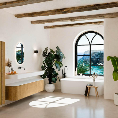 MONDIAZ THOR 180cm badmeubel ronding links + rechts kleur Oak met 2 lades en 2 deuren. Vrijhangende wastafel CLOUD Midden zonder kraangat kleur Talc.