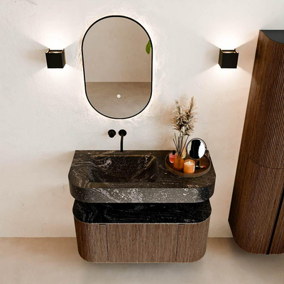 MONDIAZ THOR-DLUX 100cm meuble de salle de bains arrondi gauche + droite couleur Walnut avec 1 tiroir et 2 portes. Vasque suspendue CLOUD Gauche sans trou de robinet couleur Lava.